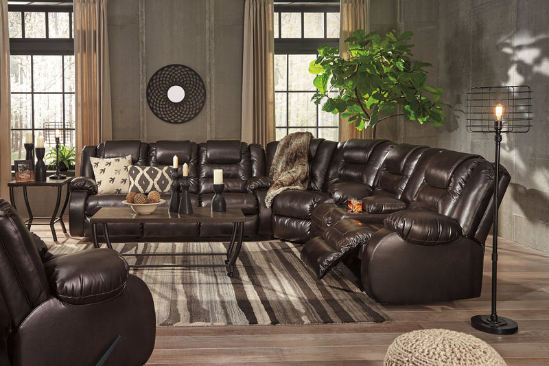 Vacherie Chocolate Faux Leather Reclining Loveseat With Console