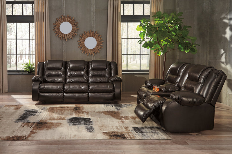 Vacherie Chocolate Faux Leather Reclining Loveseat With Console