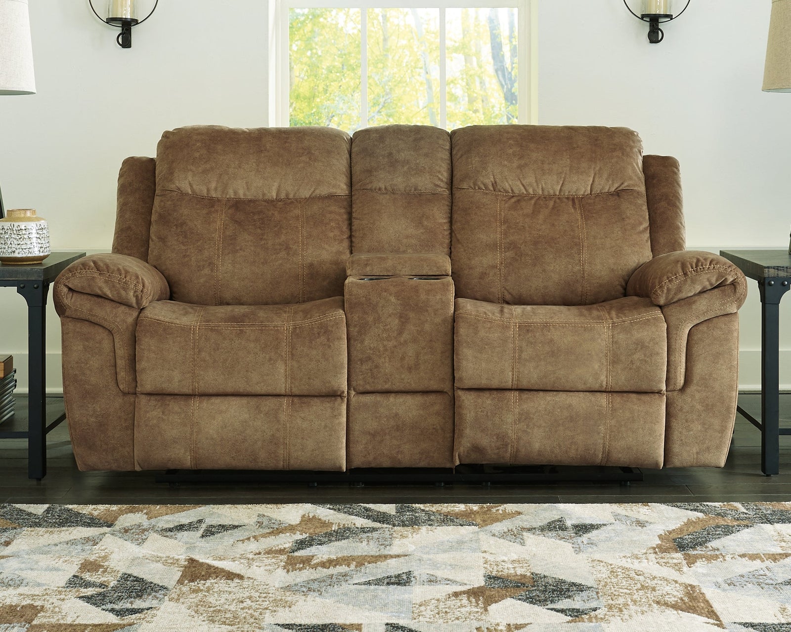 Huddle-up Nutmeg Microfiber Glider Reclining Loveseat With Console