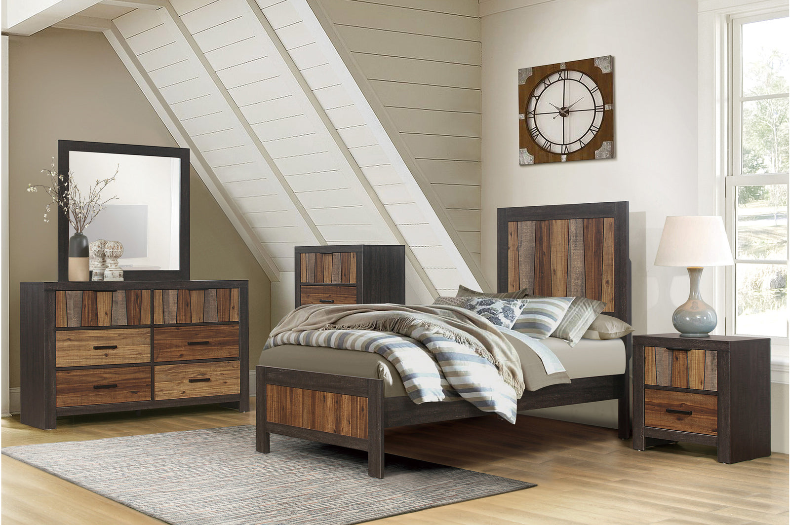 Cooper Dark Ebony And Rustic Mahogany Modern Industrial Faux-wood Veneer Youth Panel Bedroom Set
