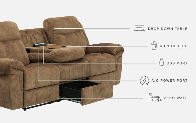 Huddle-up Nutmeg Microfiber Reclining Sofa With Drop Down Table