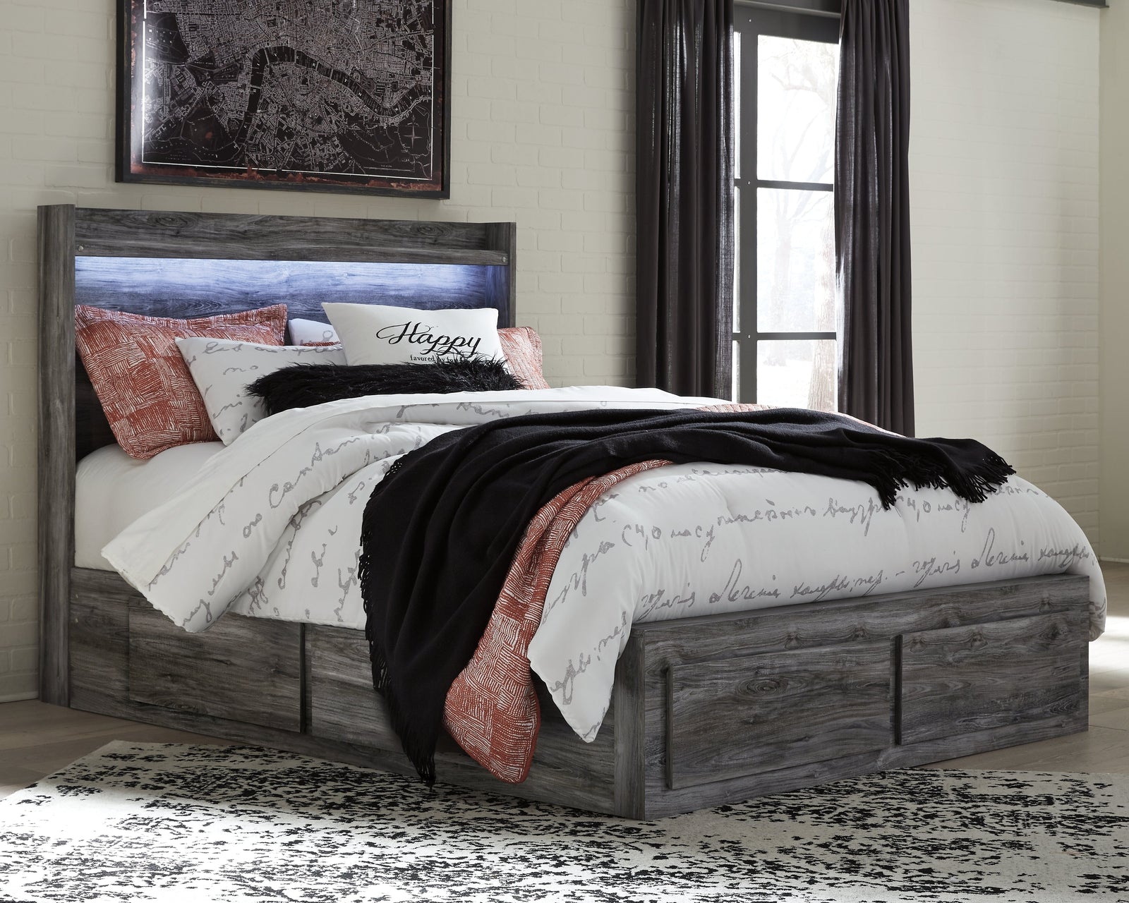 Baystorm Gray Queen Panel Bed With 4 Storage Drawers