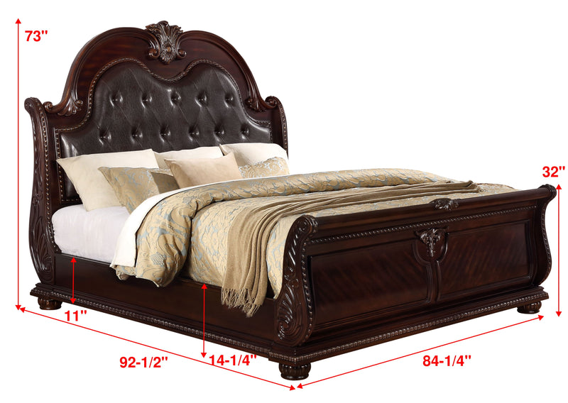 Stanley Cherry Brown Finish Modern Wood King Faux Leather Upholstered Tufted Sleigh Bed