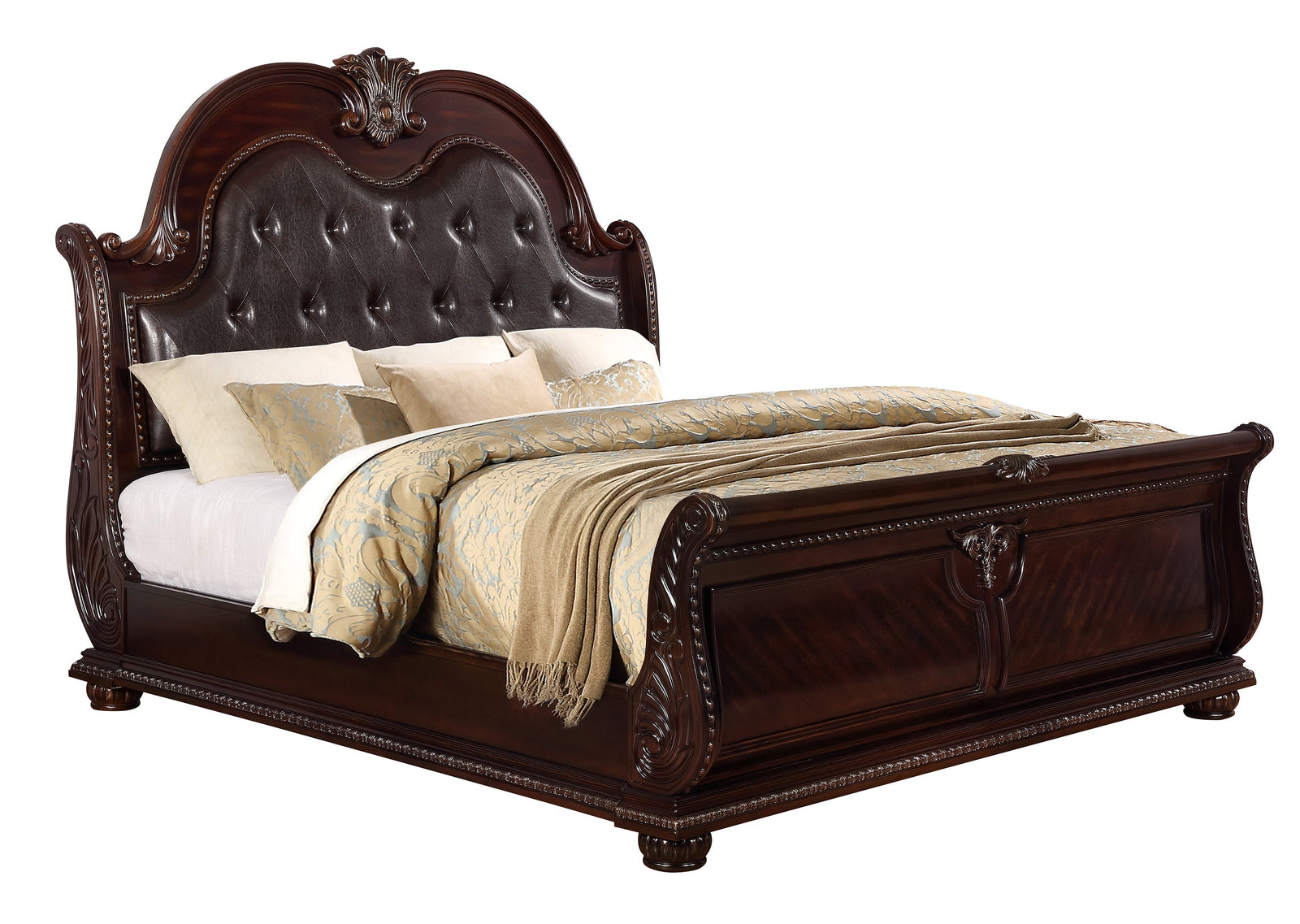 Stanley Cherry Brown Modern Wood Queen Faux Leather Upholstered Tufted Sleigh Bed