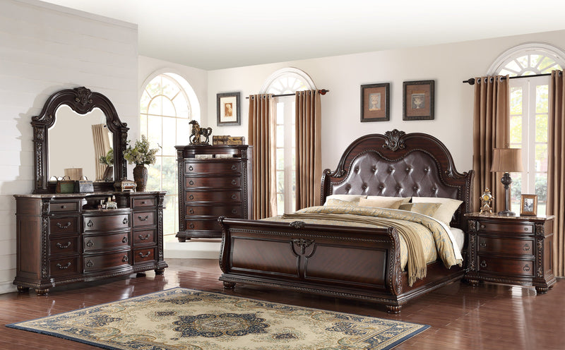 Stanley Cherry Brown Traditional Fabric Upholstered Tufted Sleigh Bedroom Set