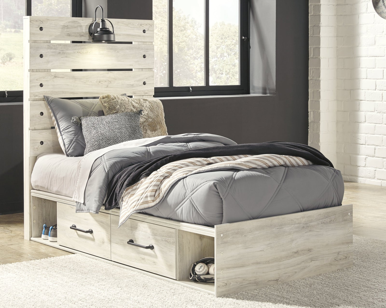 Cambeck Whitewash Twin Panel Bed With 4 Storage Drawers