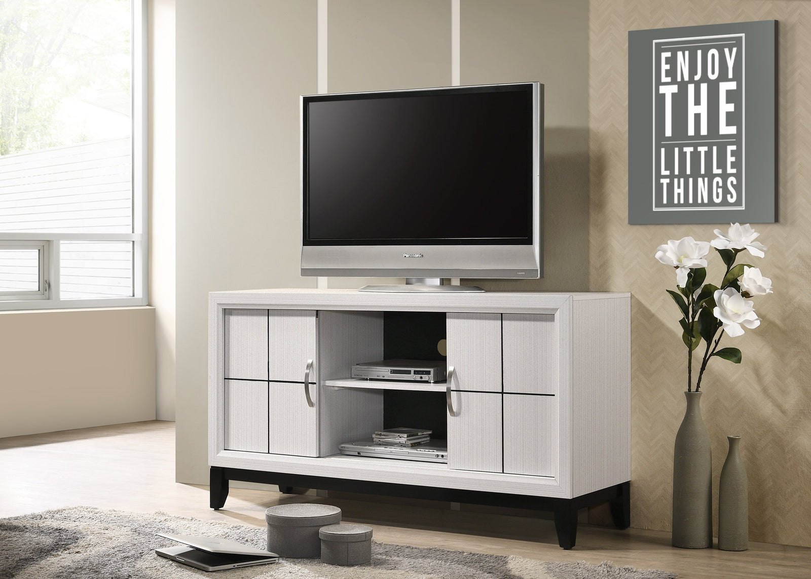 Akerson Chalk Tv Stand Drift Wood, Driftwood Entertainment Console With Metal Legs With Storage Doors for Living Room