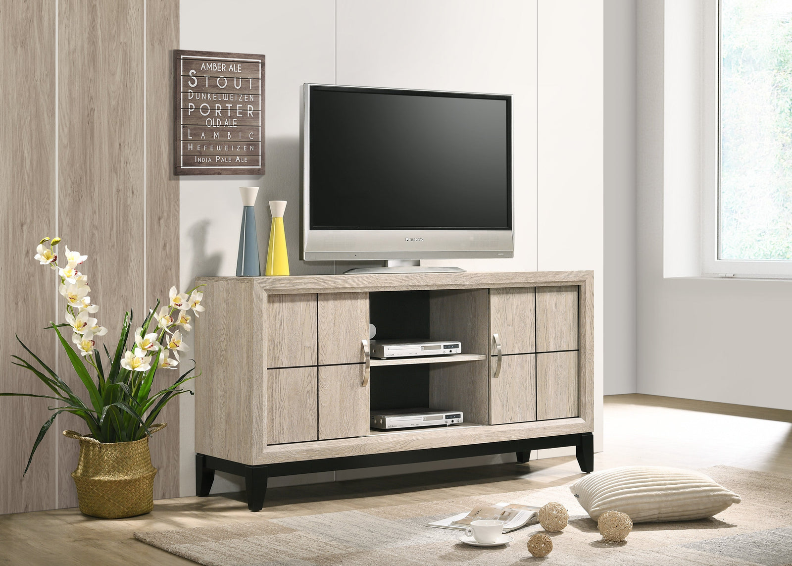Akerson Cream Tv Stand Drift Wood, Driftwood Entertainment Console With Metal Legs With Storage Doors for Living Room
