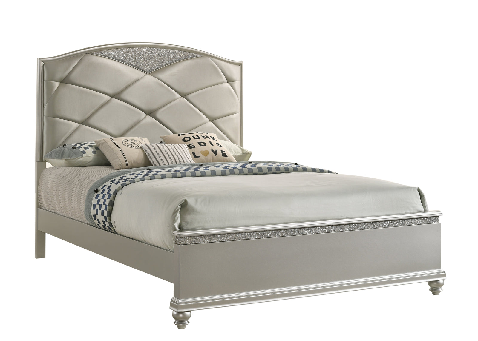 Valiant Champagne Silver Modern Wood King Faux Leather Upholstered Panel Bed