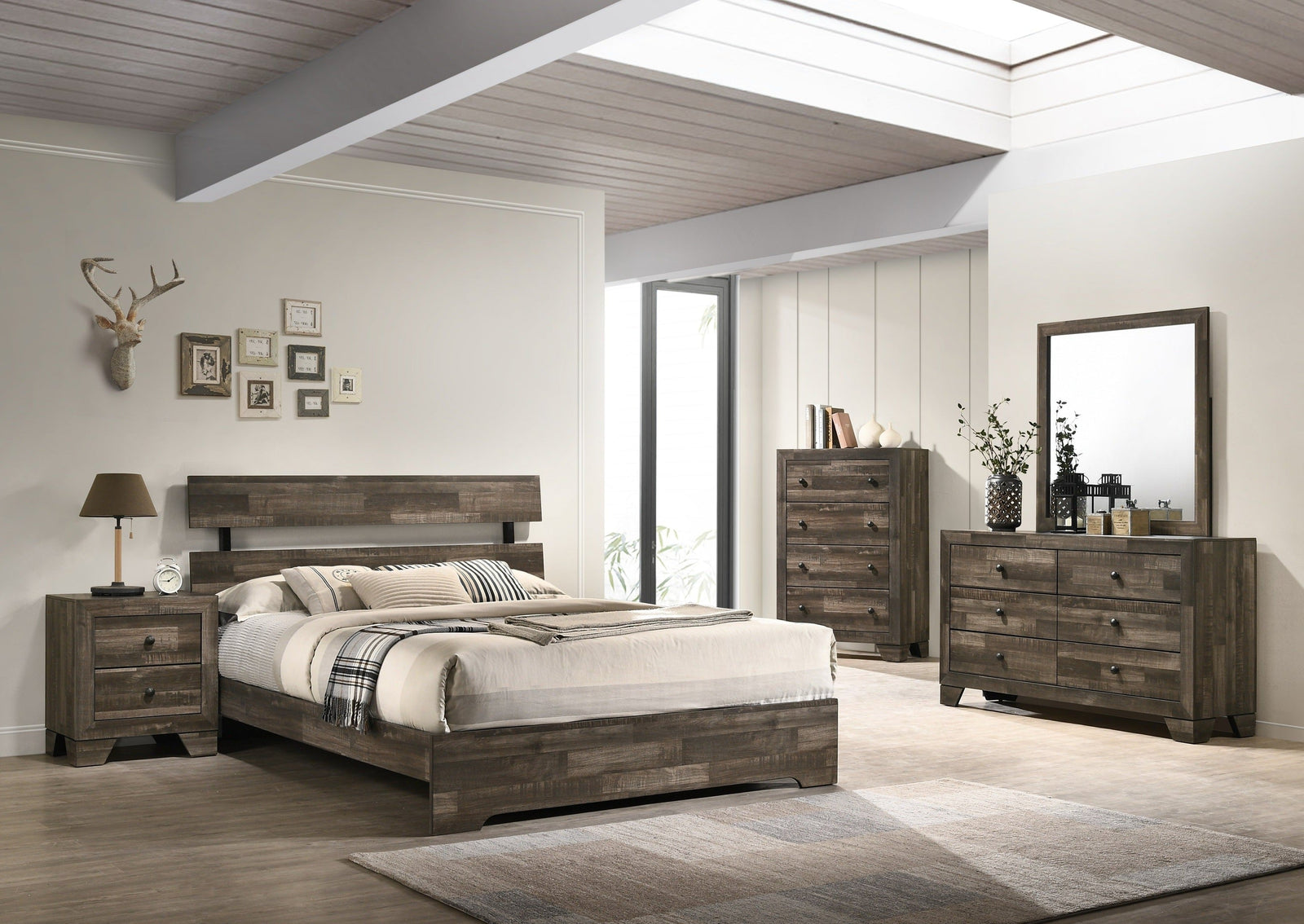 Atticus Brown Finish Modern And Rustic Wood Platform Bedroom Set