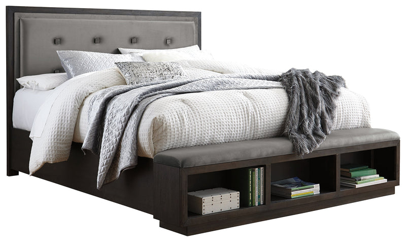 Hyndell Dark Brown King Upholstered Panel Bed With Storage