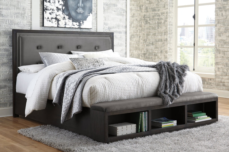 Hyndell Dark Brown King Upholstered Panel Bed With Storage