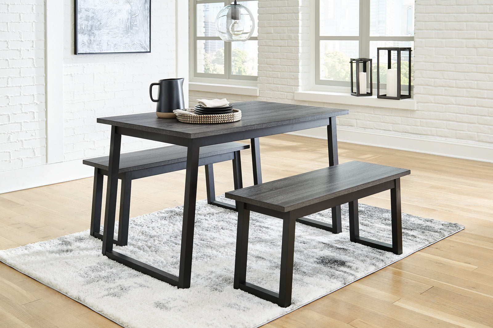 Garvine Black/gray Dining Table And Benches (Set Of 3)