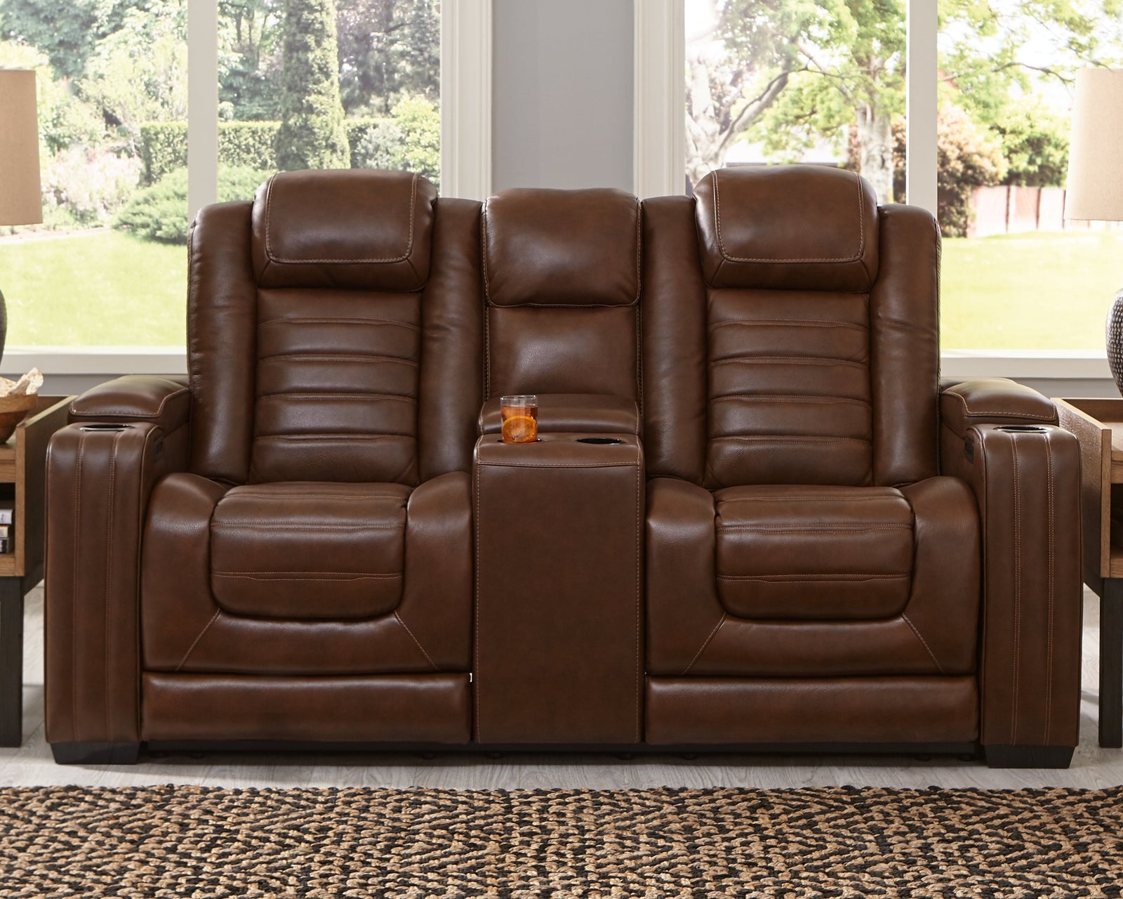 Backtrack Chocolate Leather Power Reclining Loveseat With Console