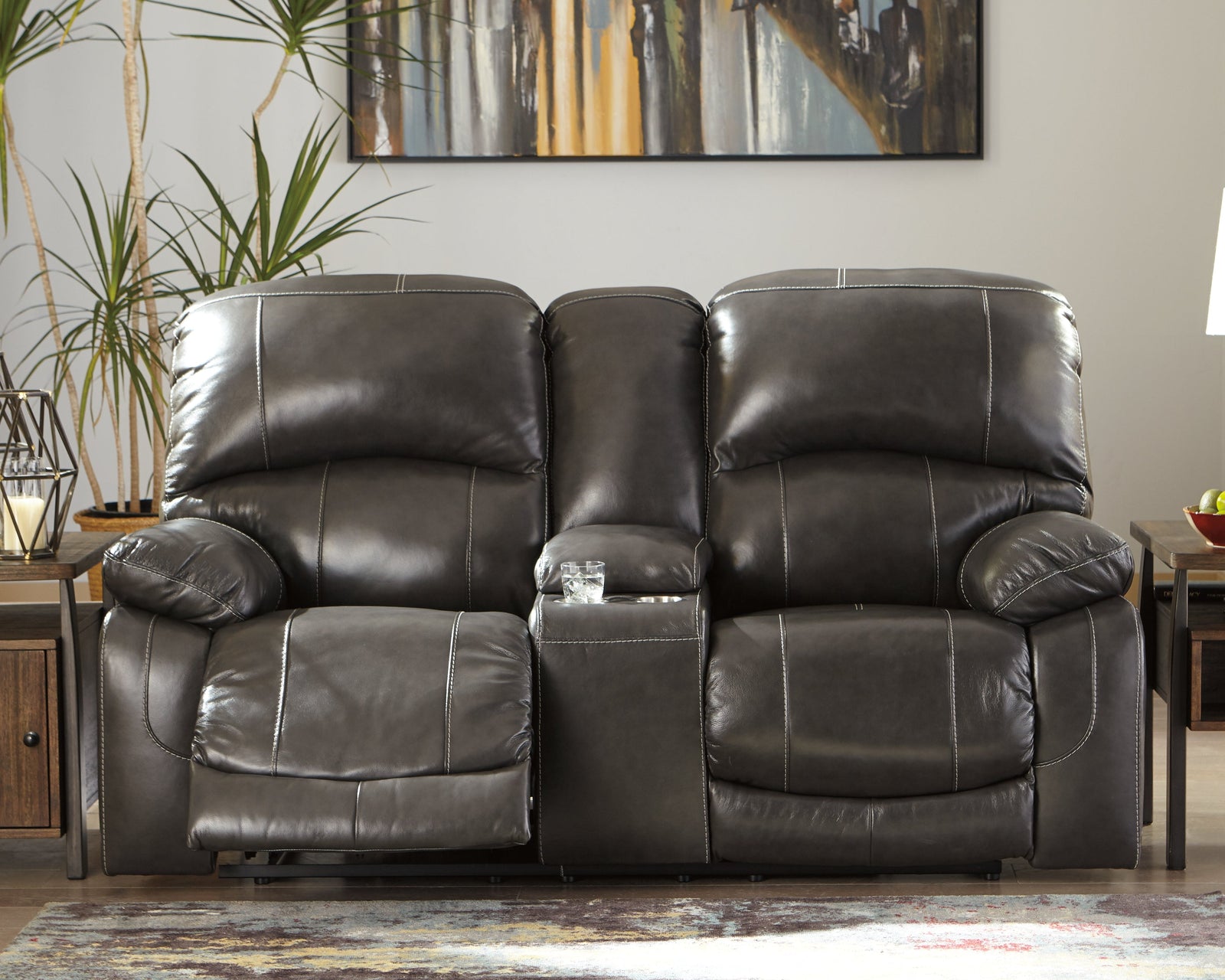 Hallstrung Gray Leather Power Reclining Loveseat With Console