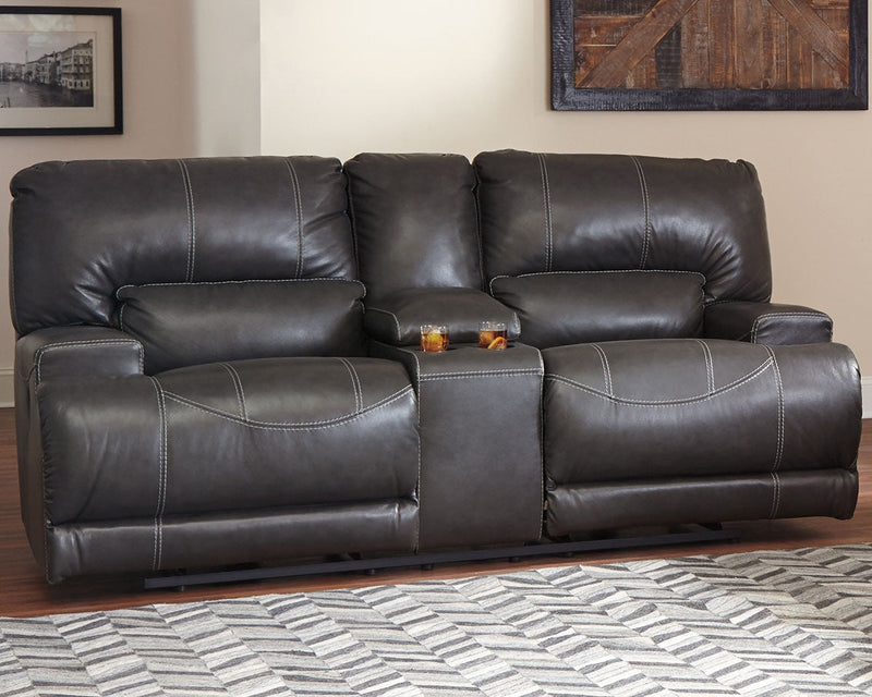 Mccaskill Gray Leather Power Reclining Loveseat With Console