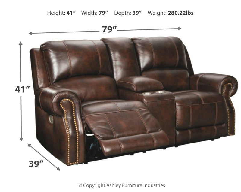 Buncrana Chocolate Leather Power Reclining Loveseat With Console