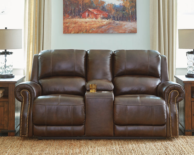Buncrana Chocolate Leather Power Reclining Loveseat With Console