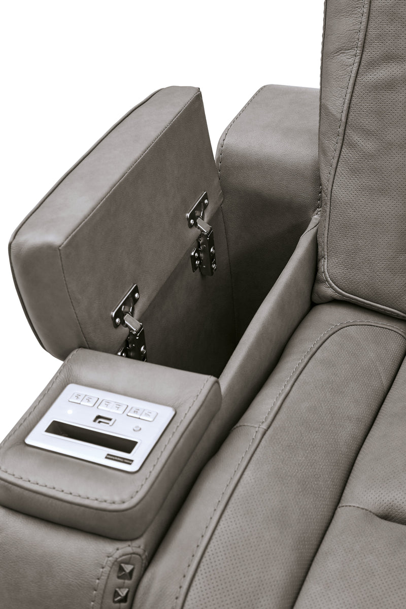 The Man-den Gray Leather Power Reclining Loveseat With Console