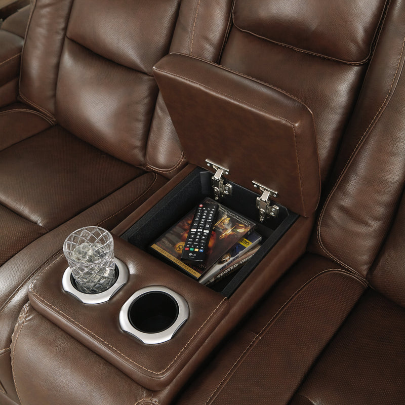 The Man-den Mahogany Leather Power Reclining Loveseat With Console