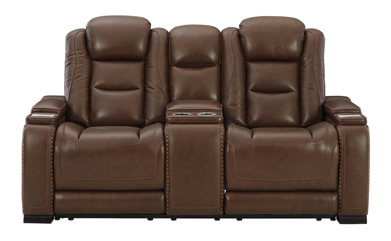 The Man-den Mahogany Leather Power Reclining Loveseat With Console