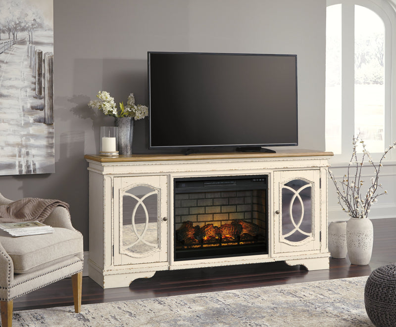 Realyn Chipped White 74" Tv Stand With Electric Fireplace