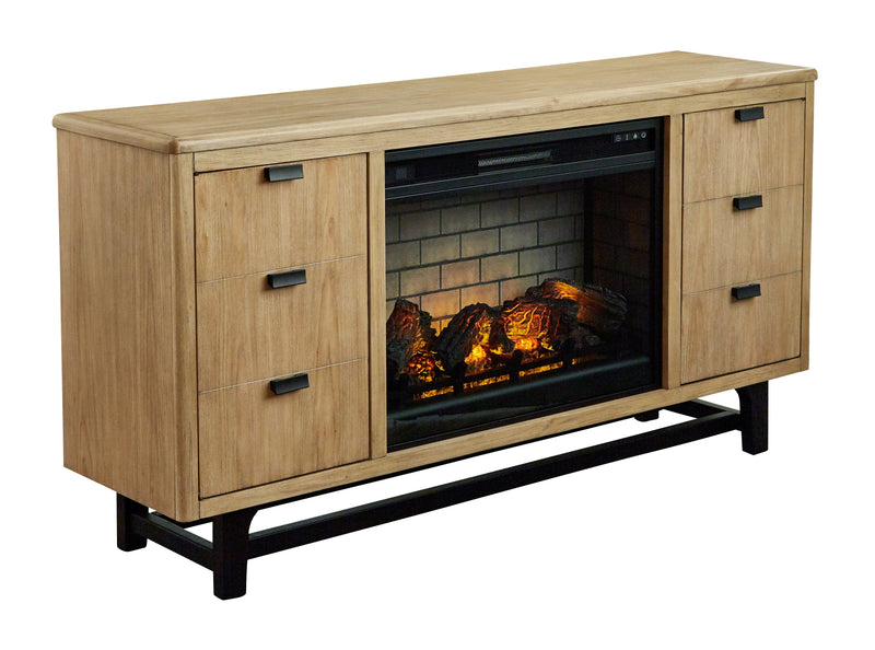 Freslowe Light Brown/Black Tv Stand With Electric Fireplace