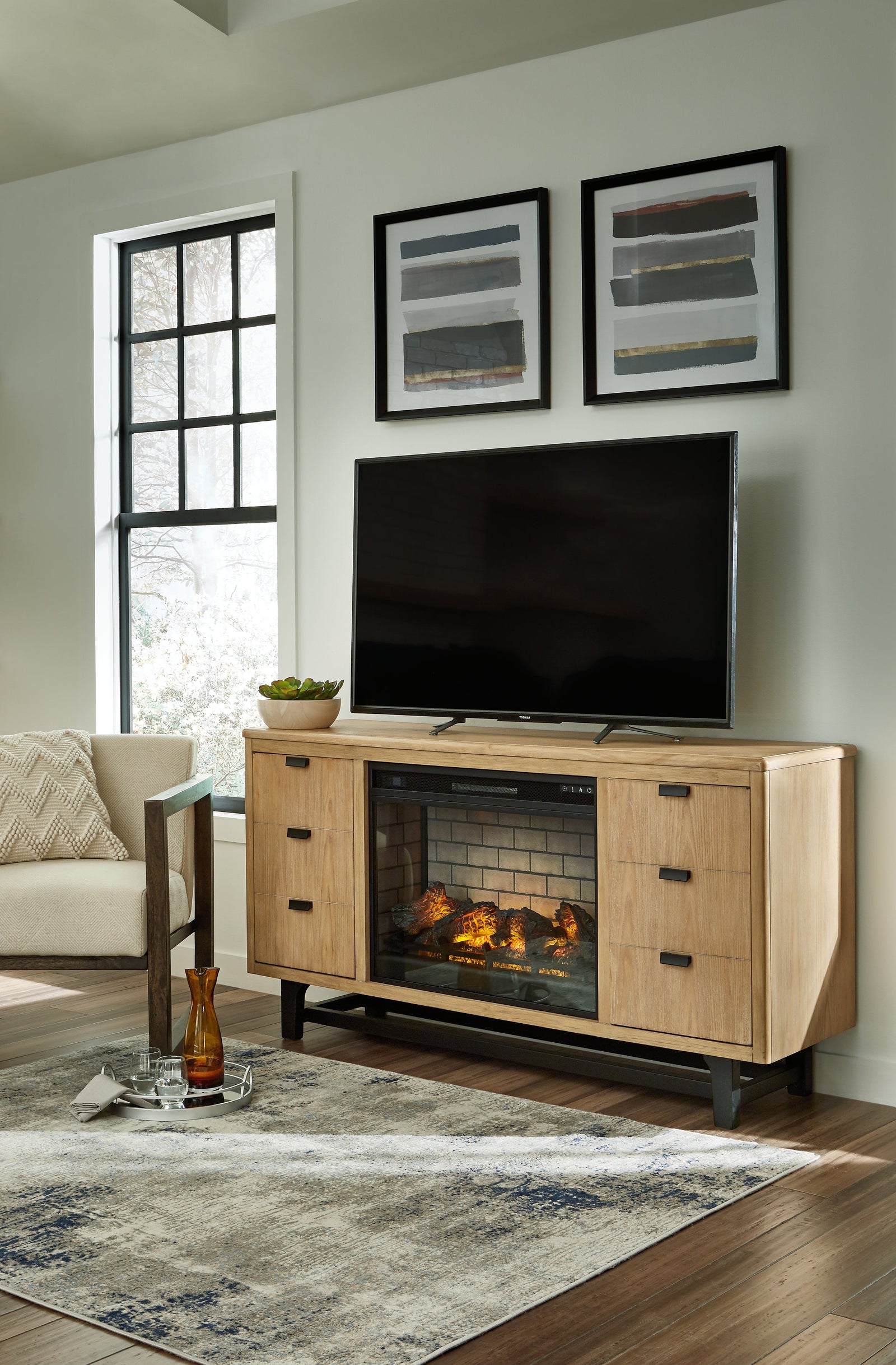 Freslowe Light Brown/Black Tv Stand With Electric Fireplace
