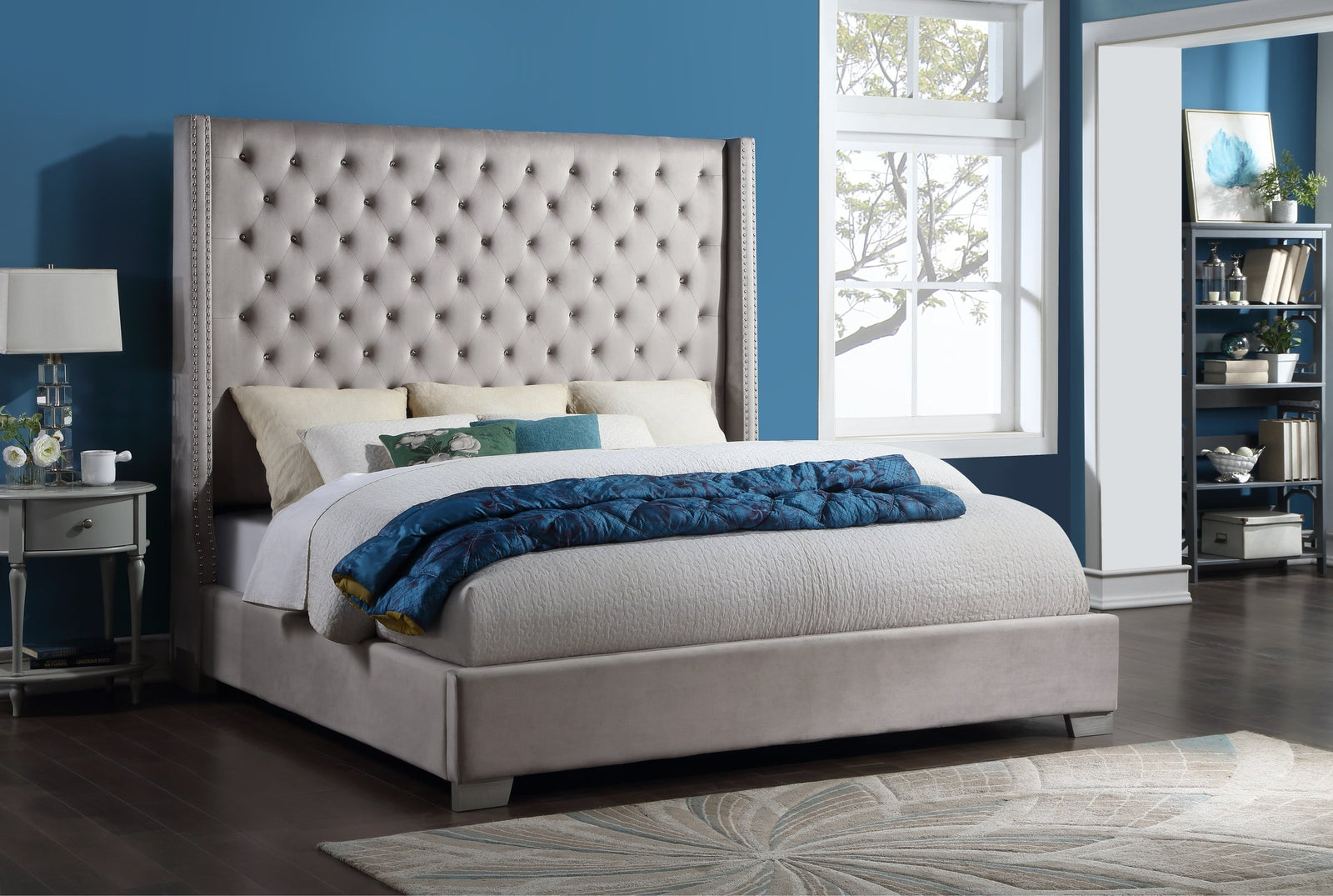 Silver Modern Traditional Solid Wood Velvet Upholstered Tufted King Bed