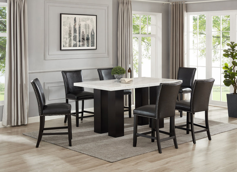 Finley Black Pu Parsons Faux Leather Solid Manufactured Wood Genuine Marble Counter Height Dining Table & 6 Chairs