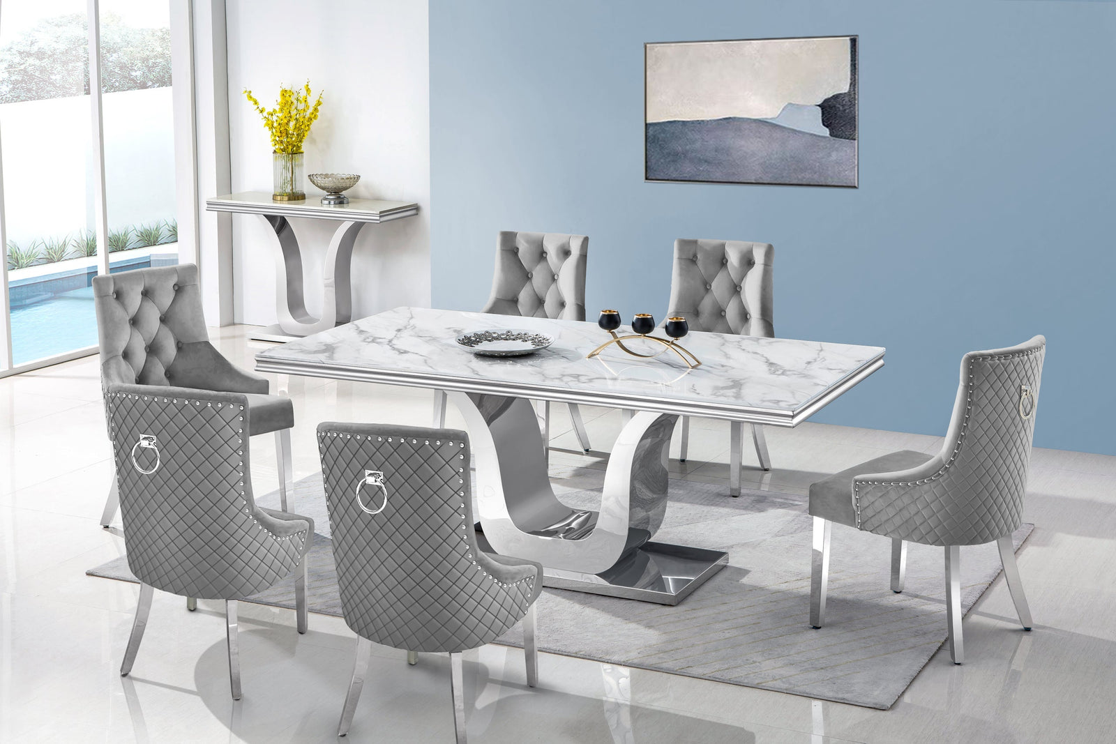 Gray Modern Contemporary Metal Genuine Marble Faux Leather Fabric Dining Table + 6 Chair Set